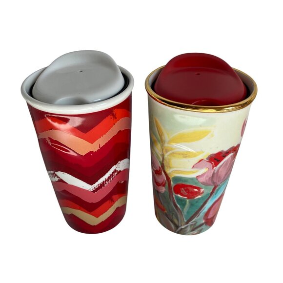 Starbucks Ceramic Travel Mugs Set Of 2 Chevron & Floral Designs W/ Silicone Lids - Picture 3 of 6